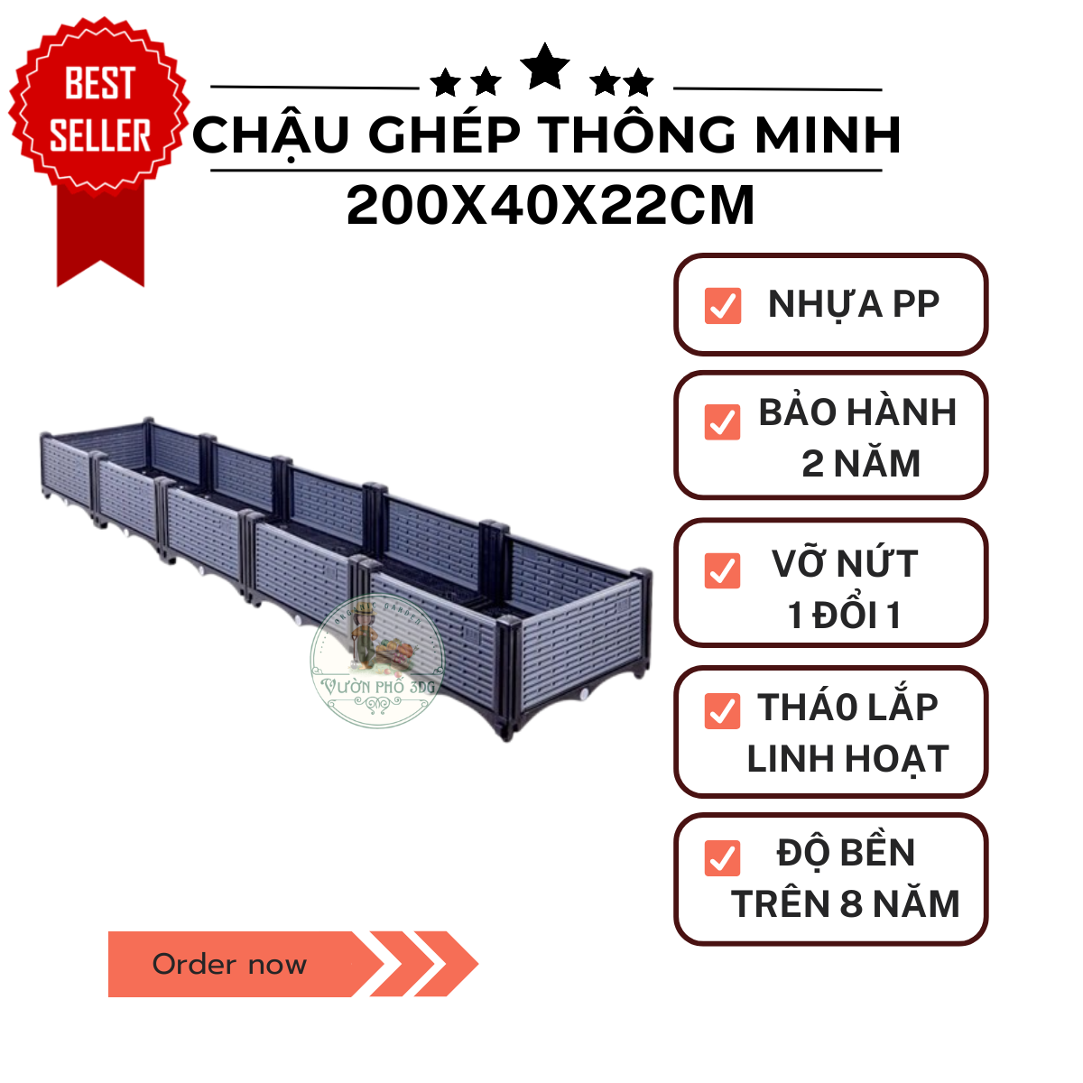 Chậu ghép thông minh Xám dài 2m cao 22cm (200x40x22cm) chậu trồng rau luống dài, sạch sẽ, Bền, Đẹp